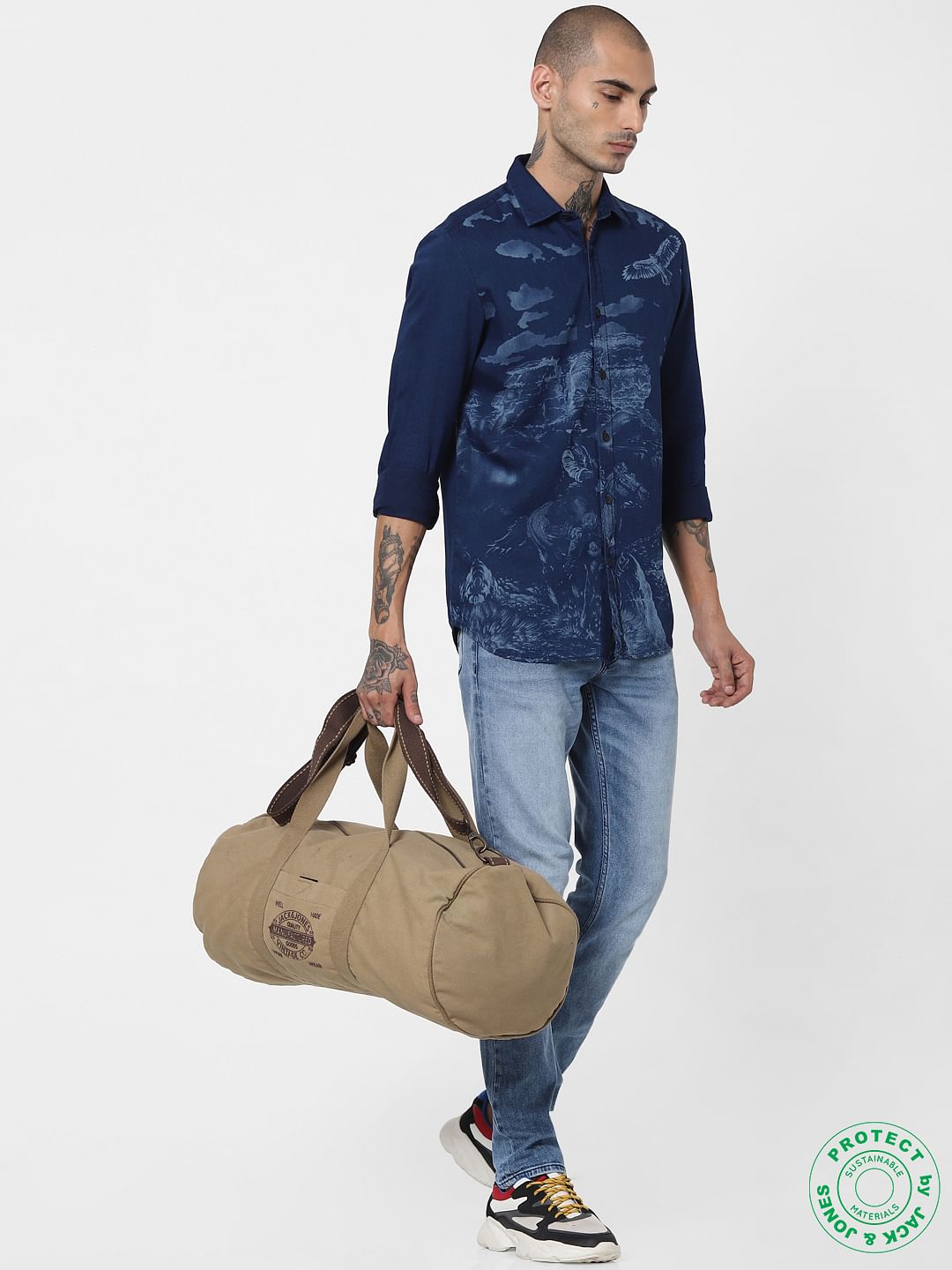 Blue Denim Printed Full Sleeves Shirt - S