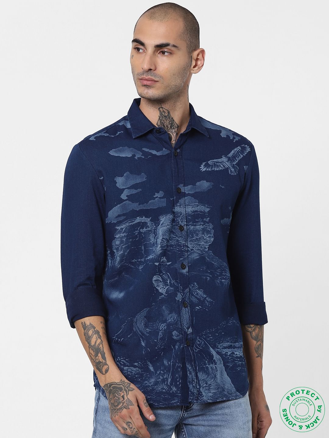 Blue Denim Printed Full Sleeves Shirt
