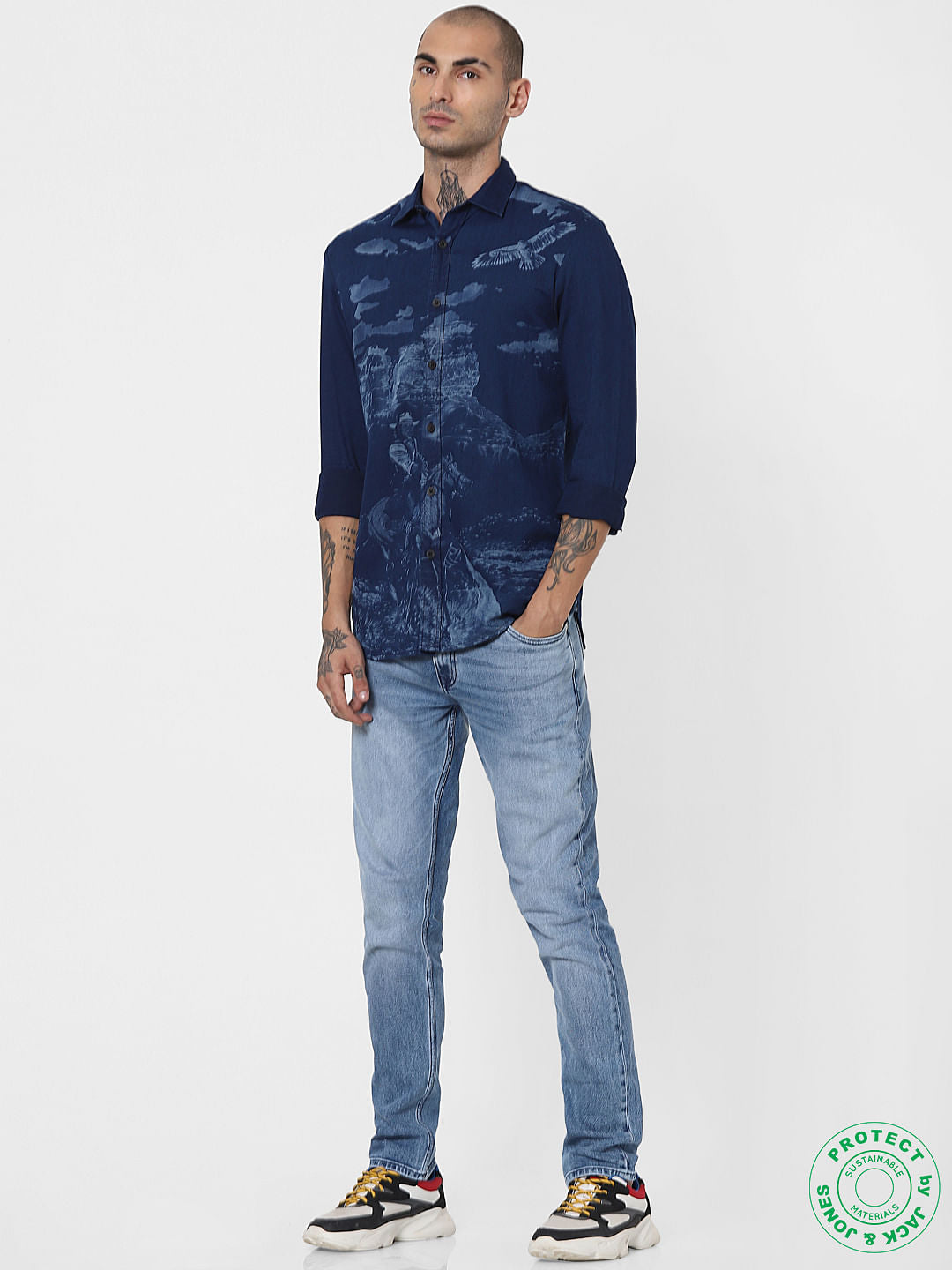 Blue Denim Printed Full Sleeves Shirt