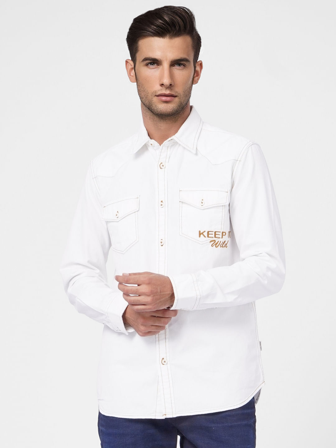 White Embroidery Detail Full Sleeves Shirt