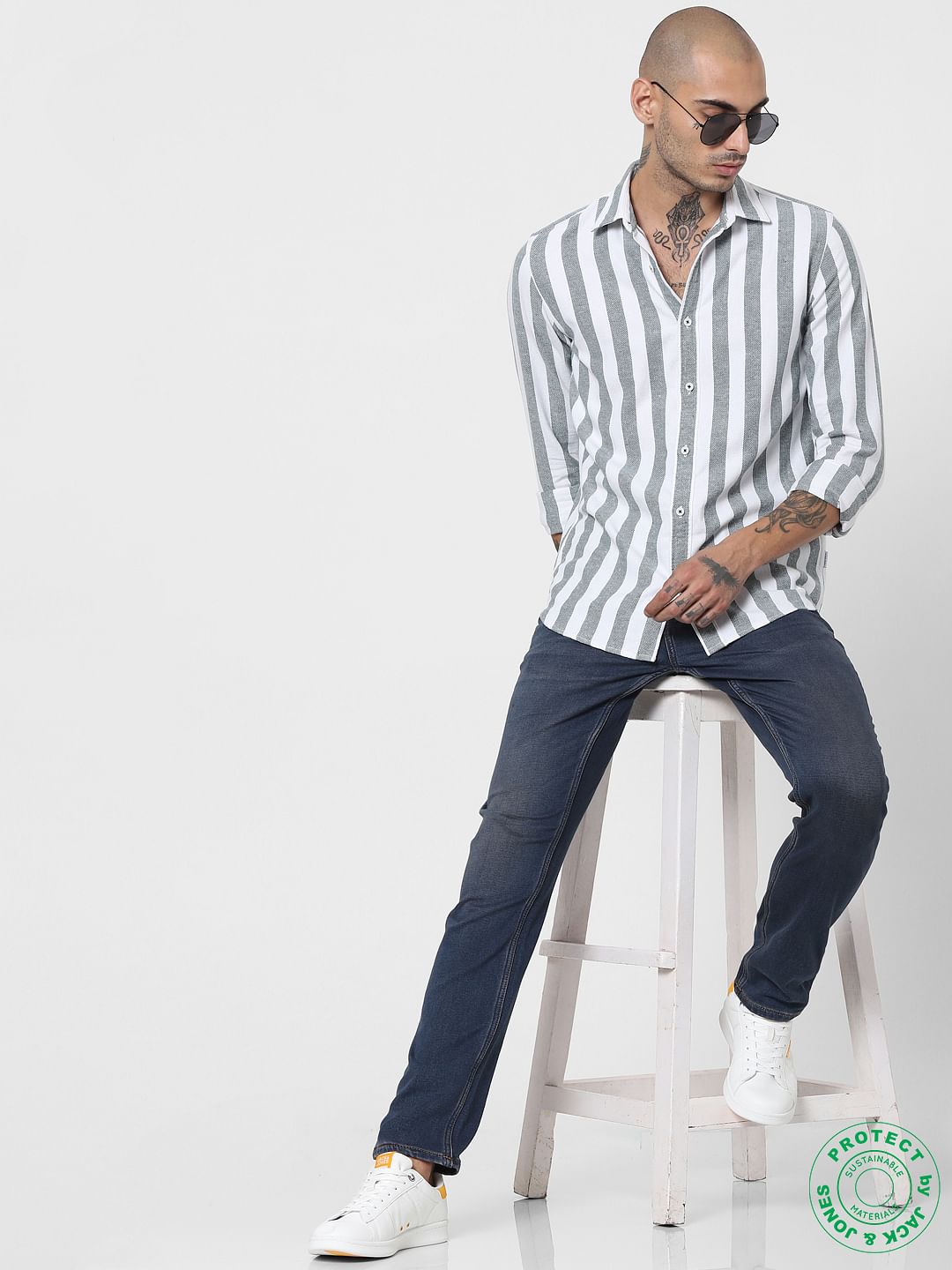 Green Striped Full Sleeves Shirt