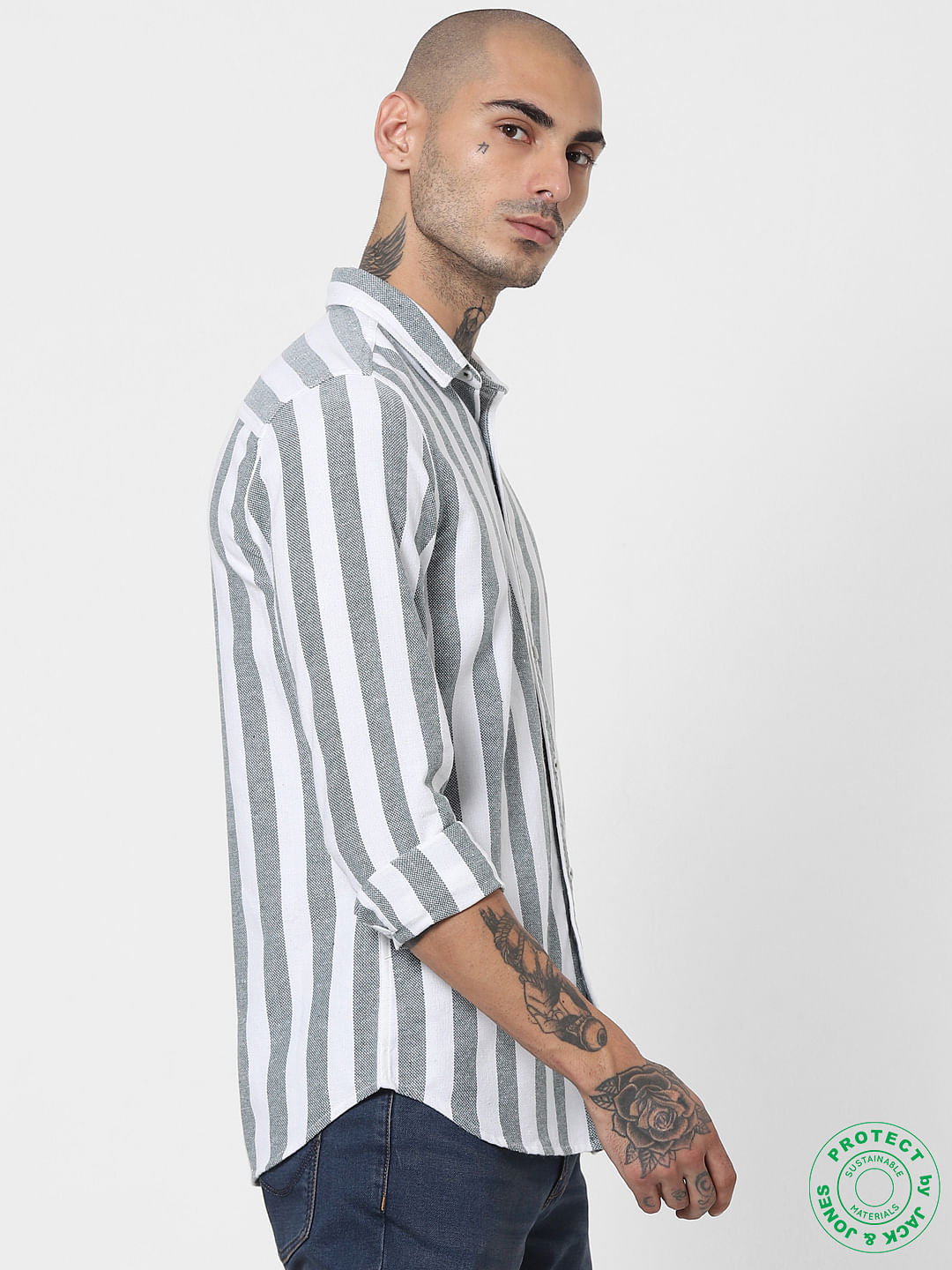 Green Striped Full Sleeves Shirt