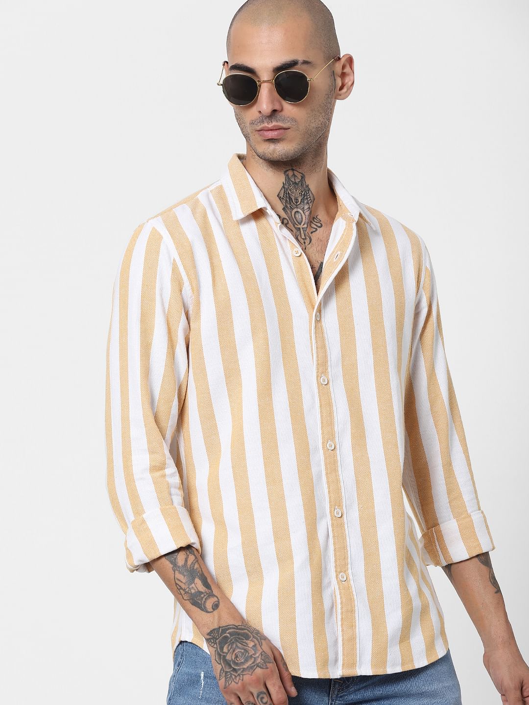 Orange Striped Full Sleeves Shirt - S