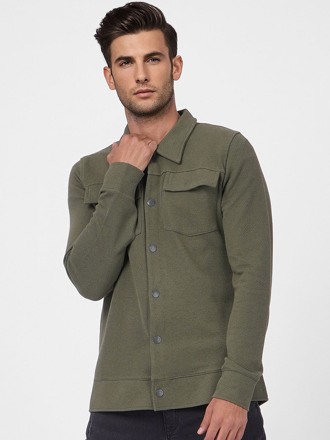 Green Solid Full Sleeves Overshirt