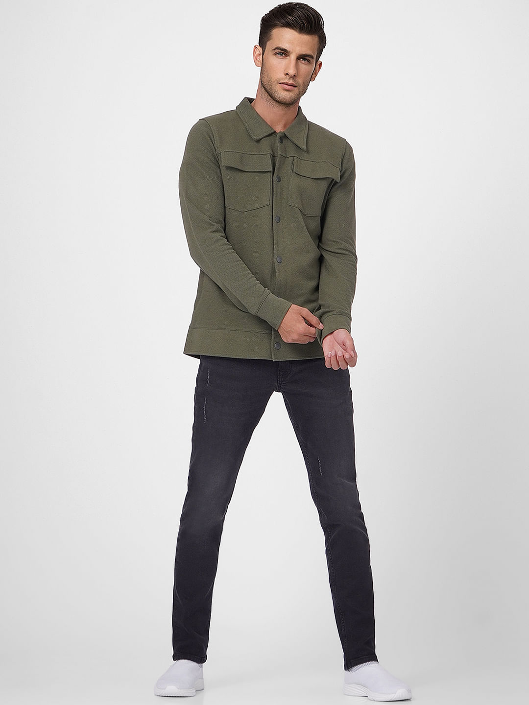 Green Solid Full Sleeves Overshirt