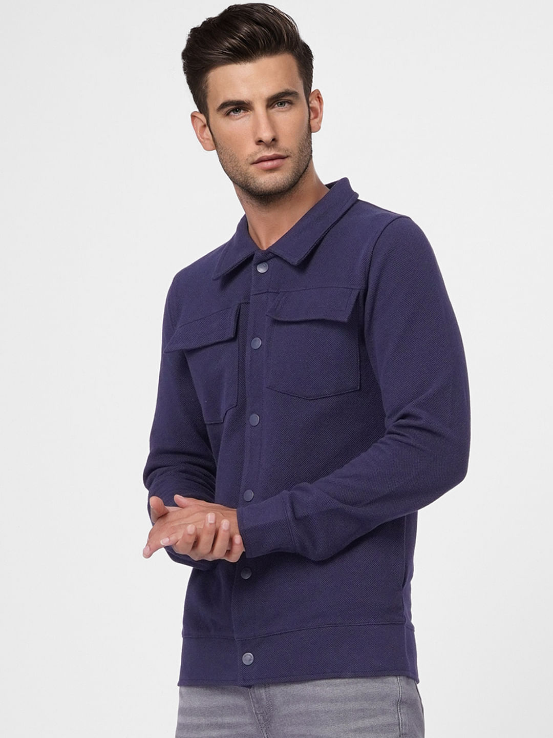 Blue Solid Full Sleeves Overshirt