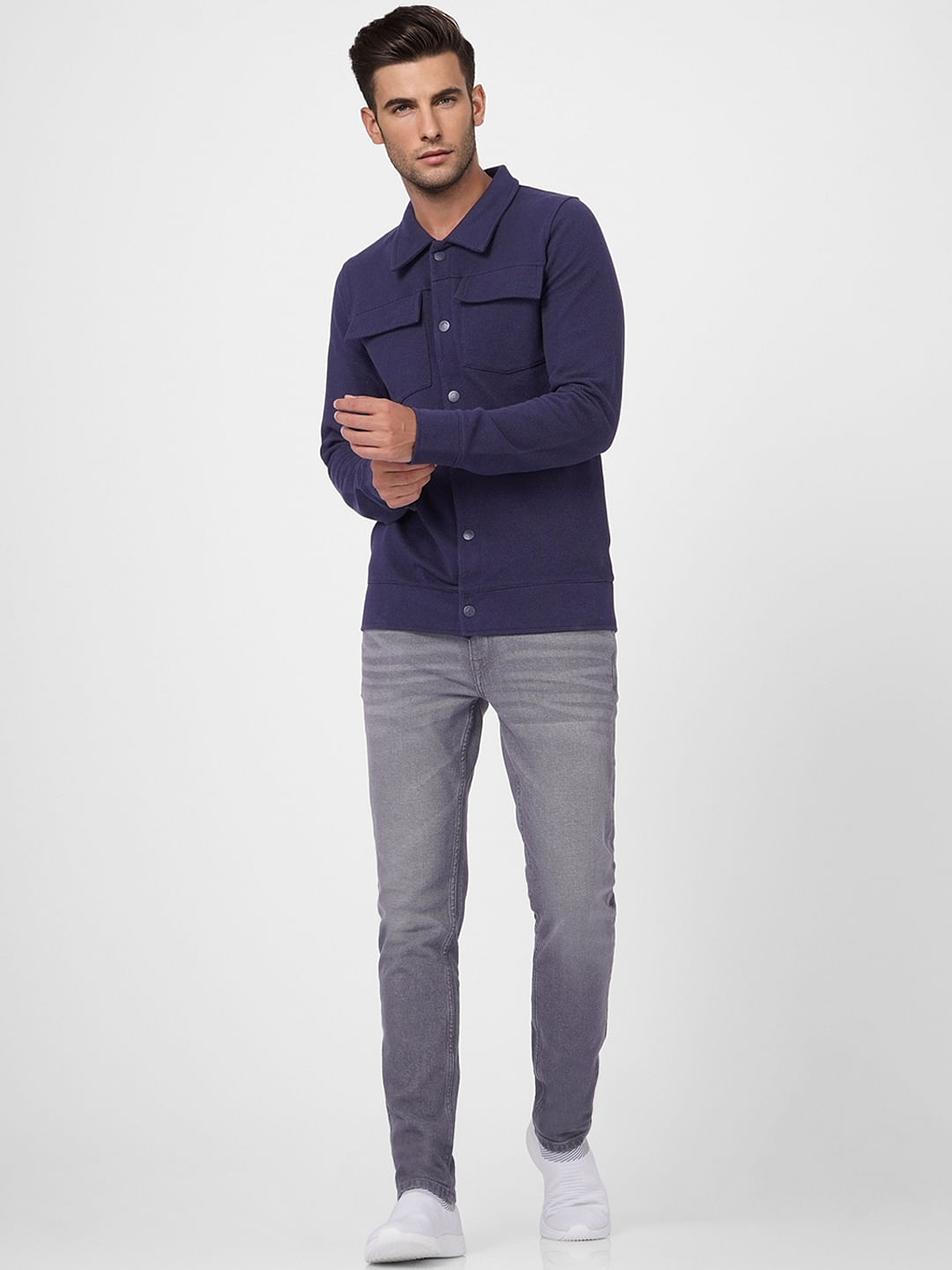 Blue Solid Full Sleeves Overshirt