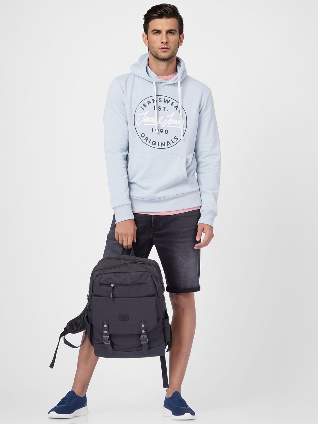 Blue Logo Print Hooded Sweatshirt