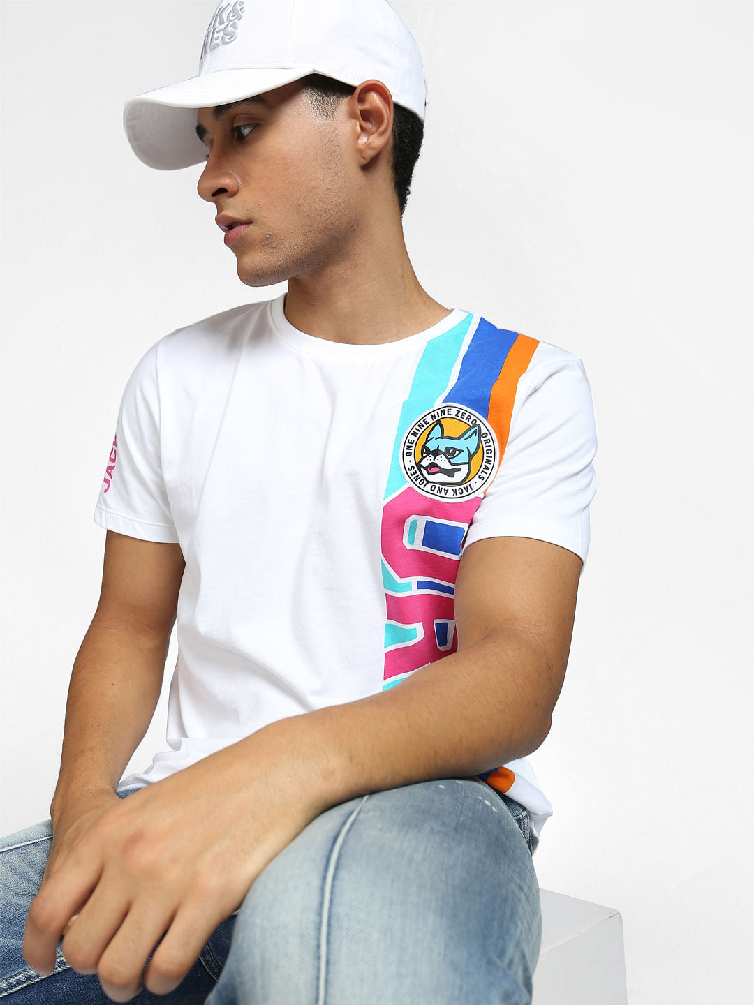 White Colourblocked Crew Neck T-shirt - S