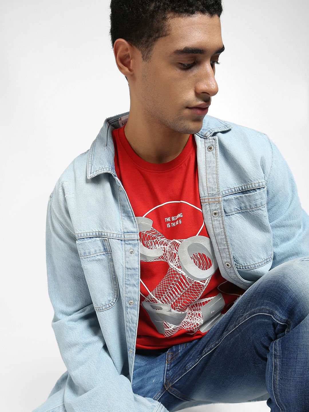 Red Graphic Print Crew Neck T-shirt - M