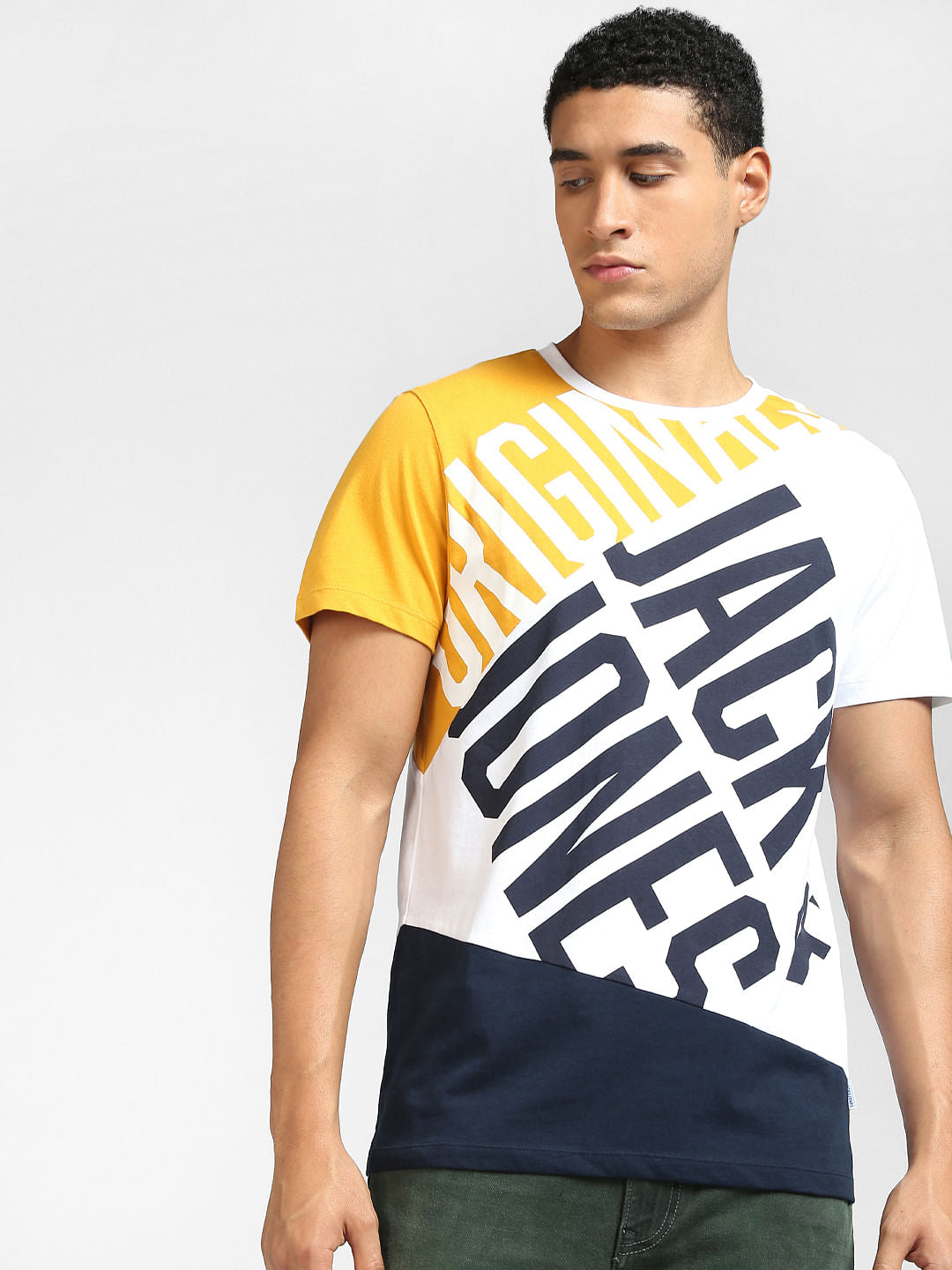 White Colourblocked Crew Neck T-shirt