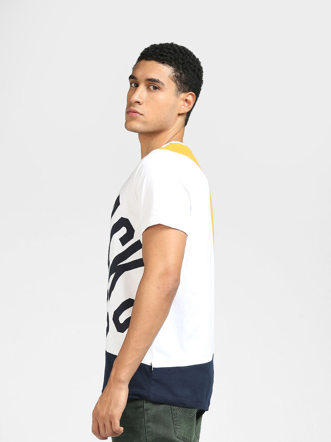 White Colourblocked Crew Neck T-shirt