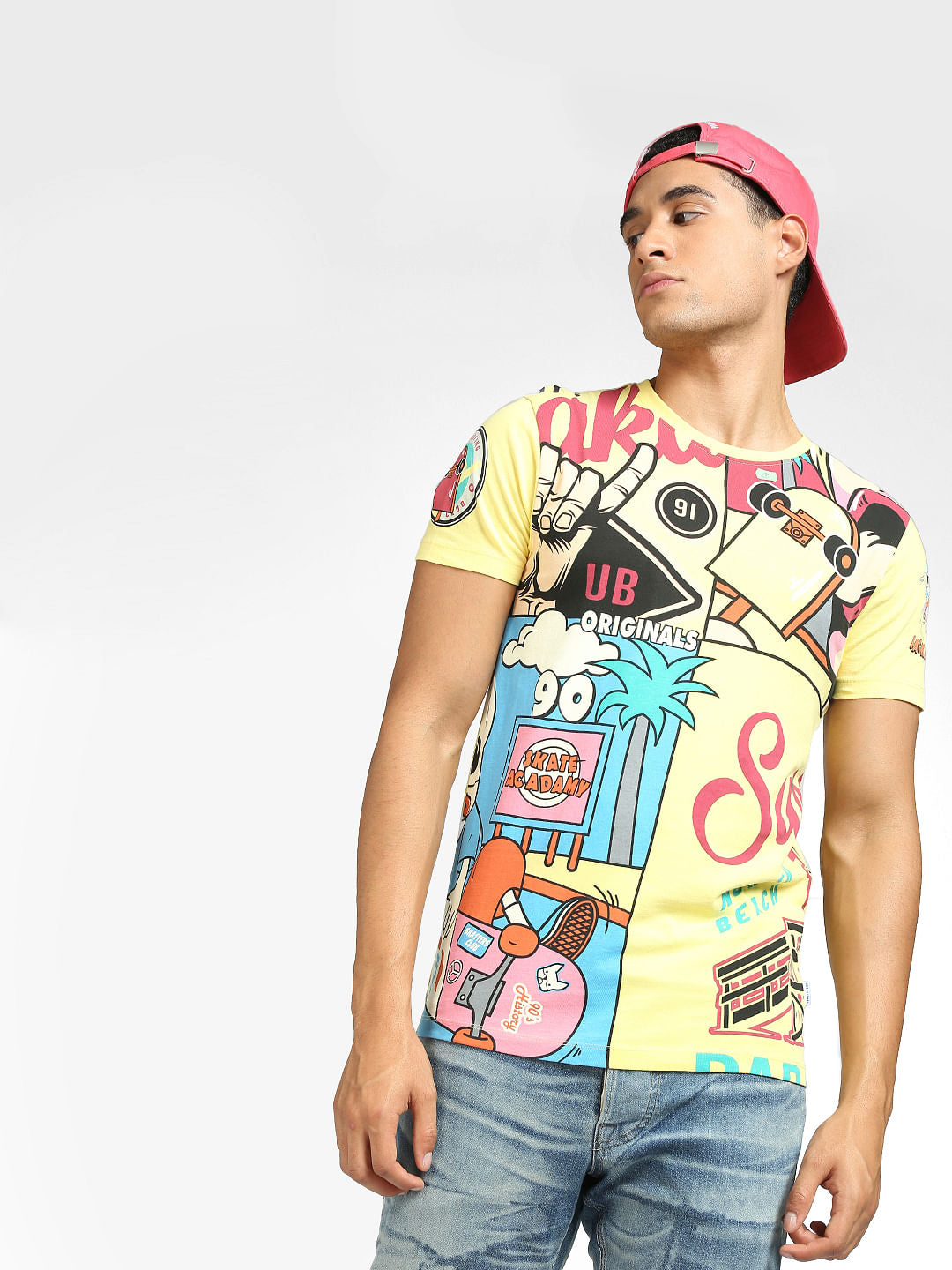 Yellow Graphic Print Crew Neck T-shirt - S