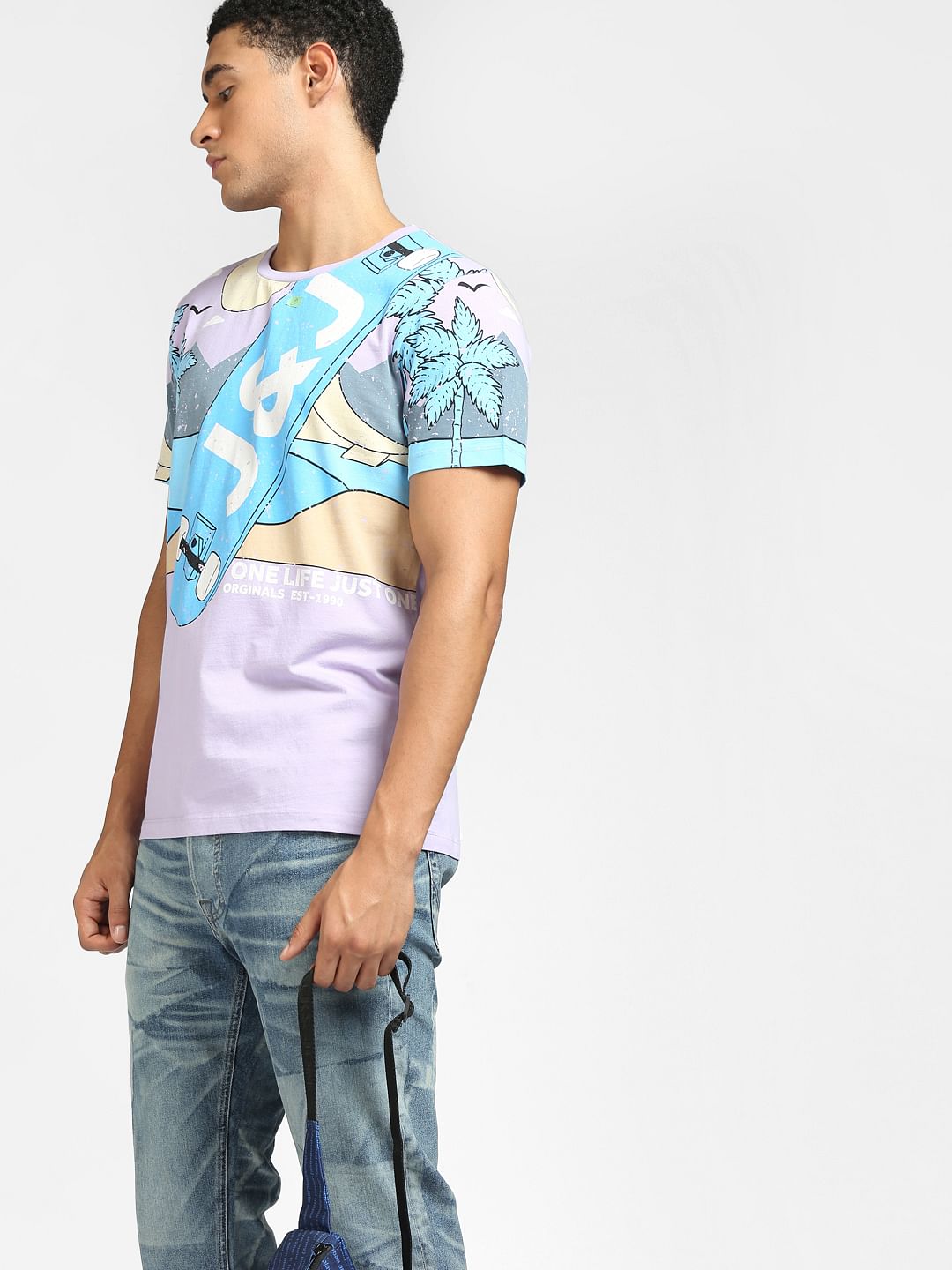 Purple Graphic Print Crew Neck T-shirt - S