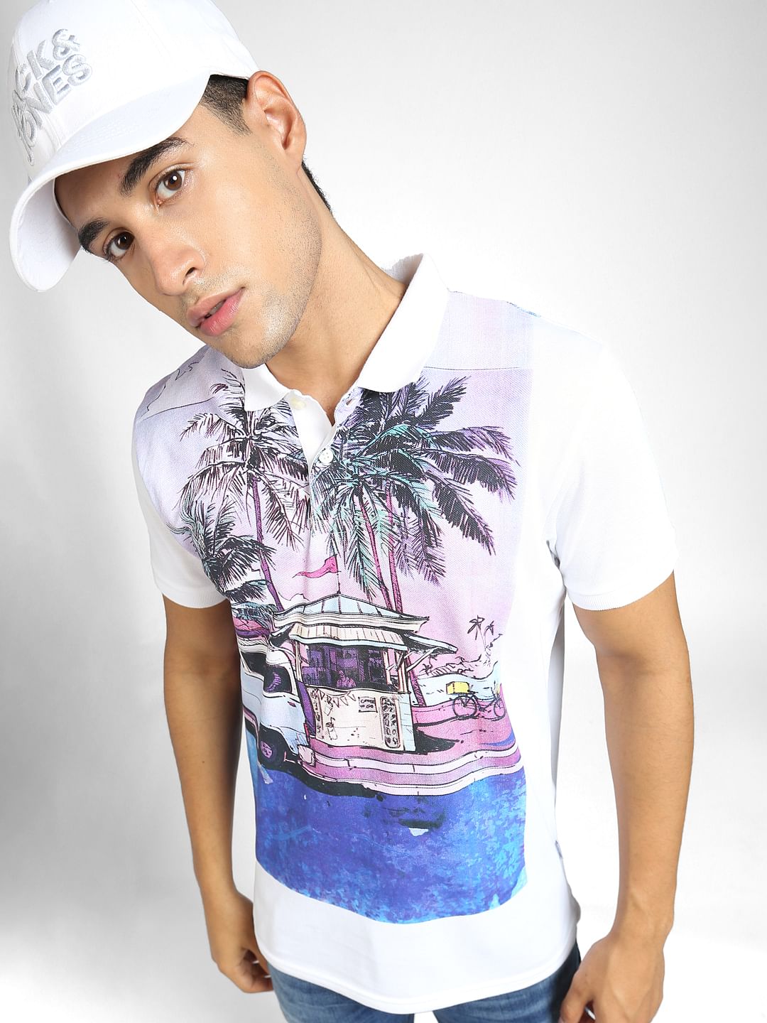 White Graphic Print Polo Neck T-shirt