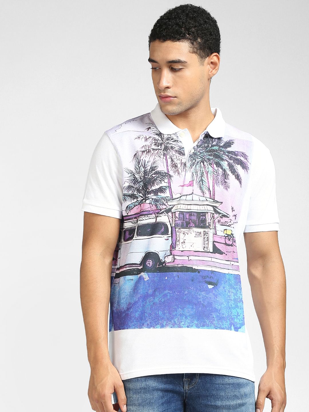 White Graphic Print Polo Neck T-shirt