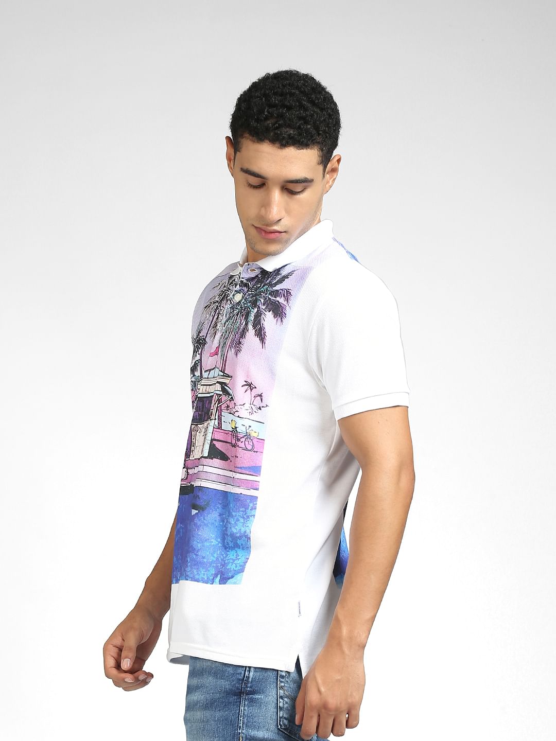 White Graphic Print Polo Neck T-shirt