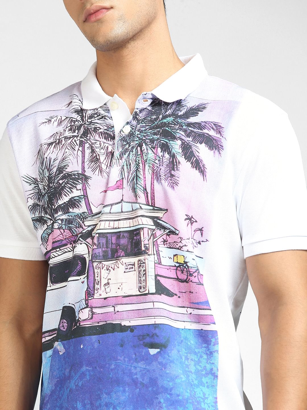 White Graphic Print Polo Neck T-shirt