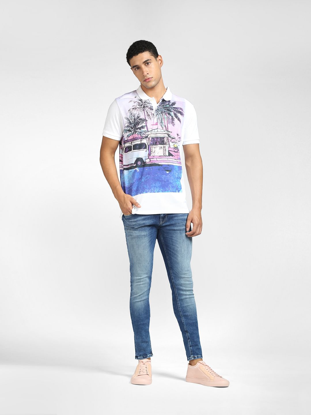 White Graphic Print Polo Neck T-shirt