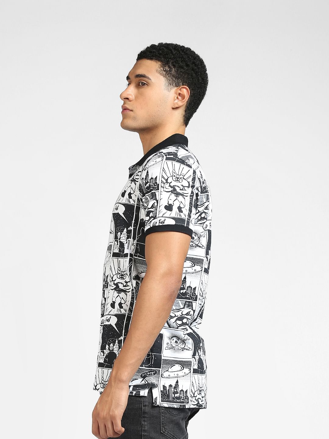 Black & White Graphic Print Polo Neck T-shirt