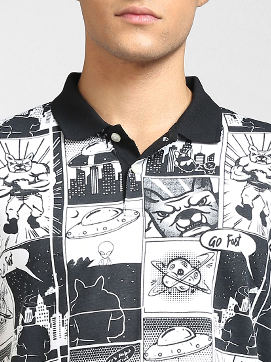 Black & White Graphic Print Polo Neck T-shirt
