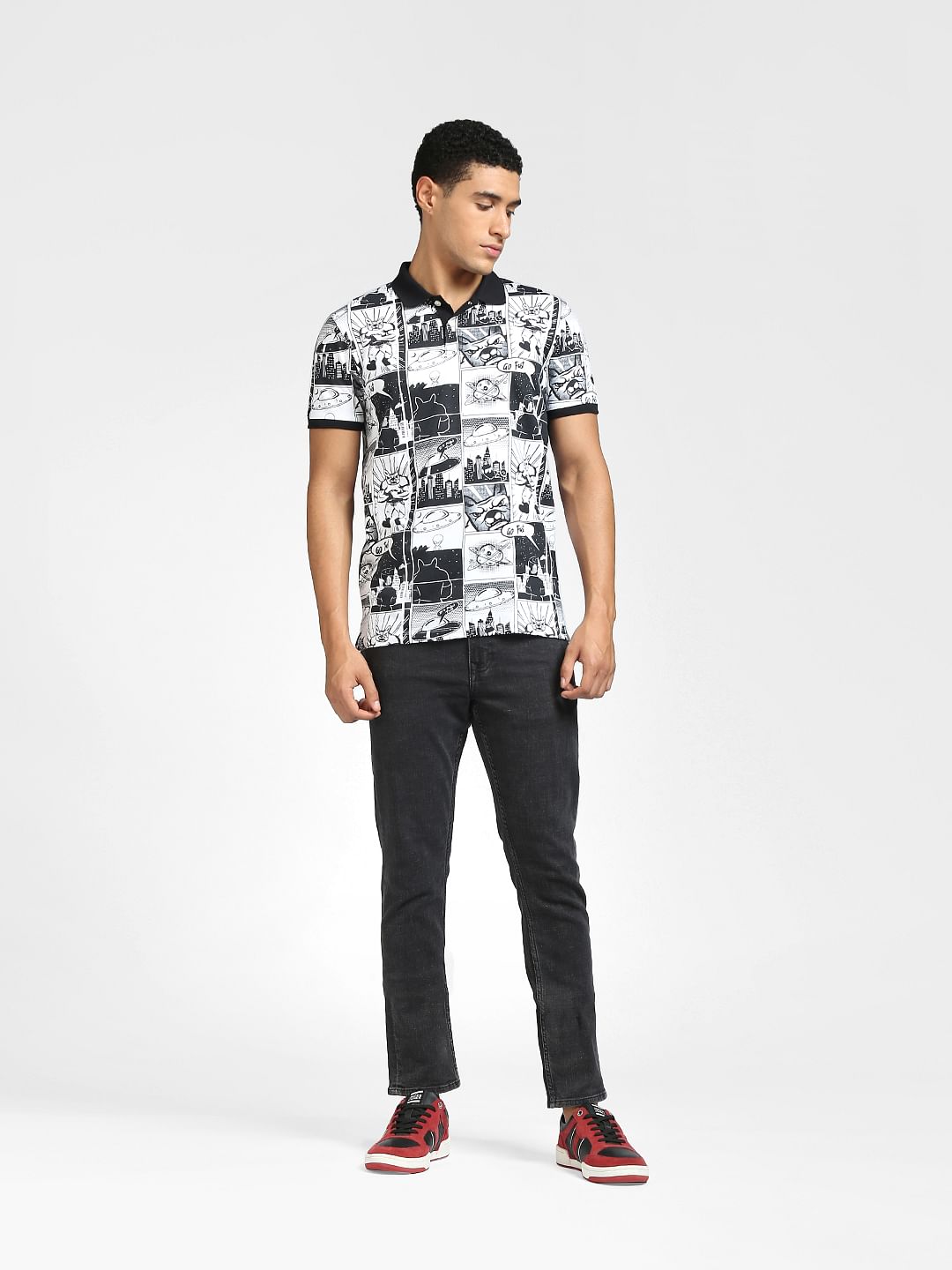 Black & White Graphic Print Polo Neck T-shirt