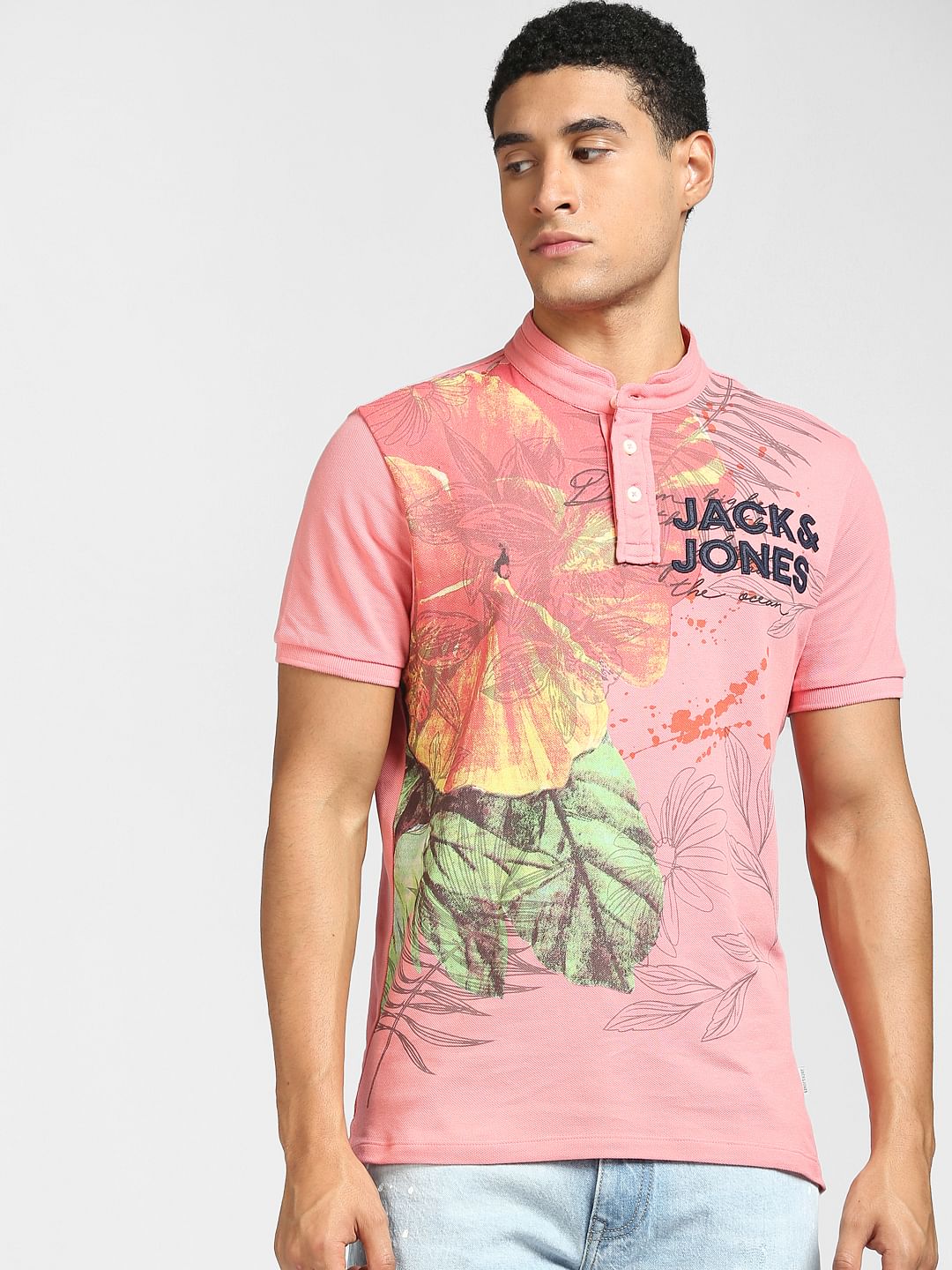 Pink Graphic Print Polo Neck T-shirt