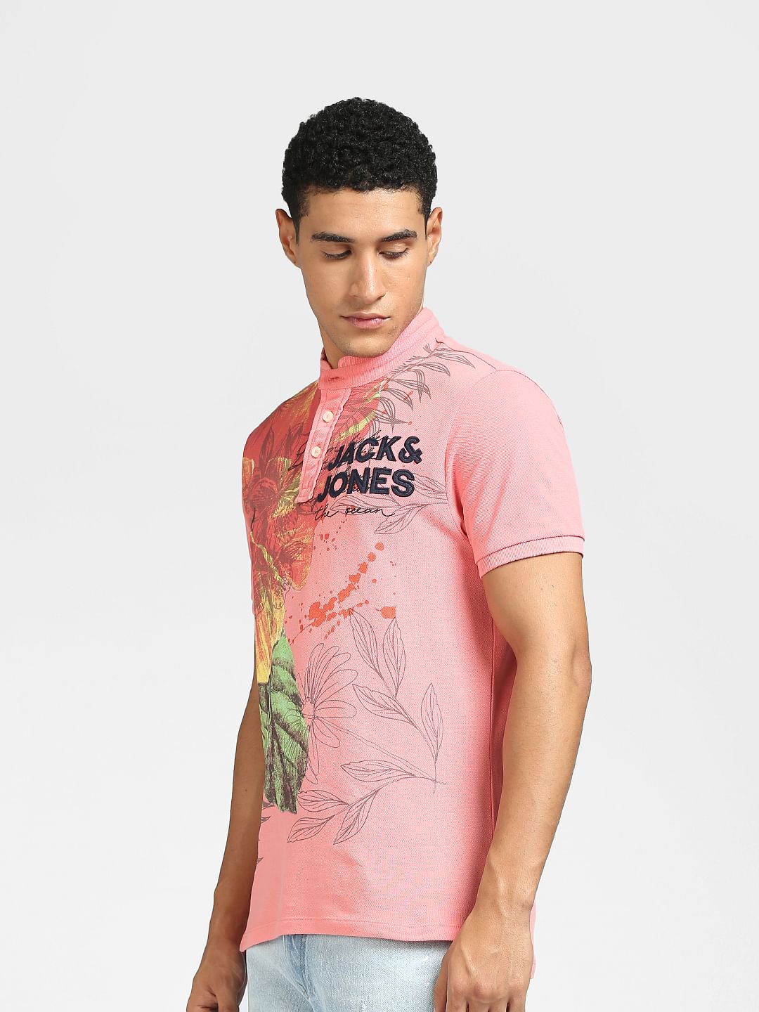 Pink Graphic Print Polo Neck T-shirt