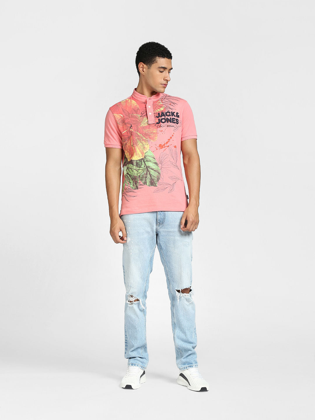 Pink Graphic Print Polo Neck T-shirt