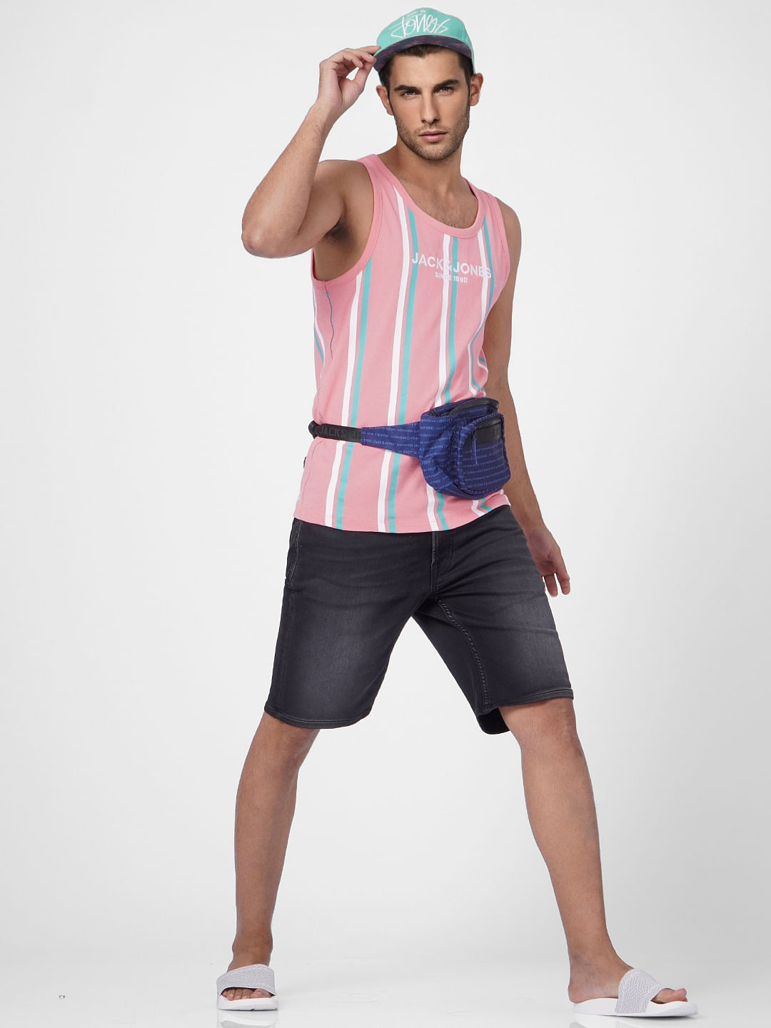 Pink Striped Sleeveless T-shirt - S