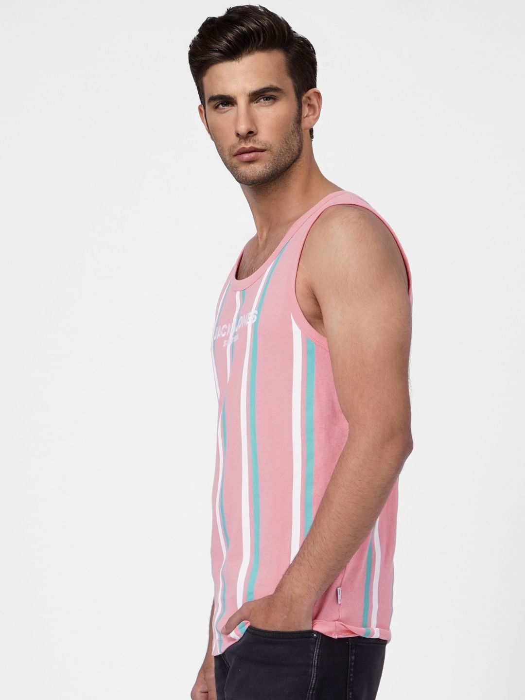 Pink Striped Sleeveless T-shirt