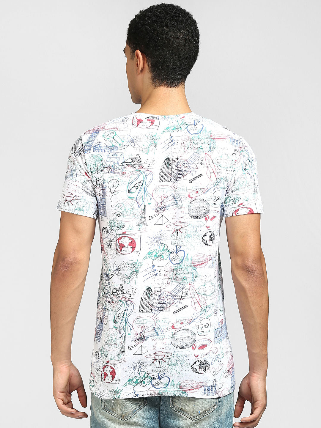 White Scribble Print Crew Neck T-shirt