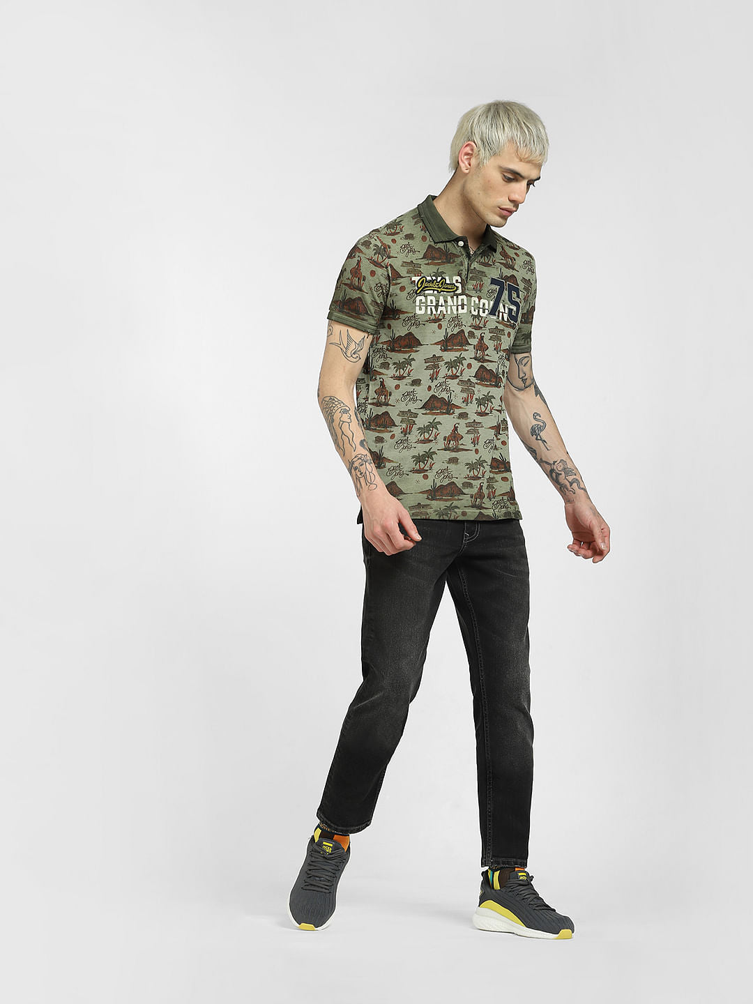 Green Printed Polo Neck T-shirt