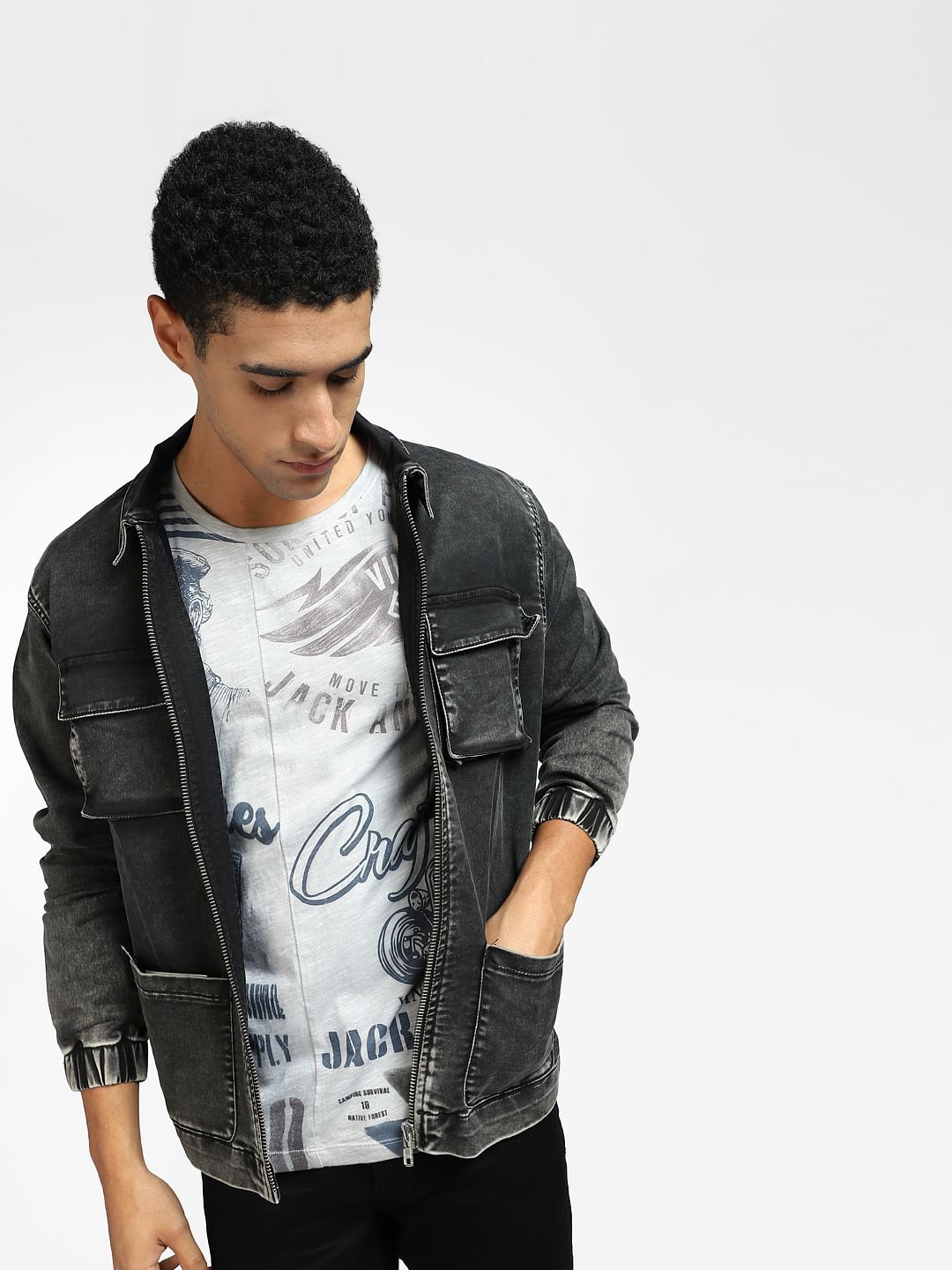 Grey Graphic Print Crew Neck T-shirt - S