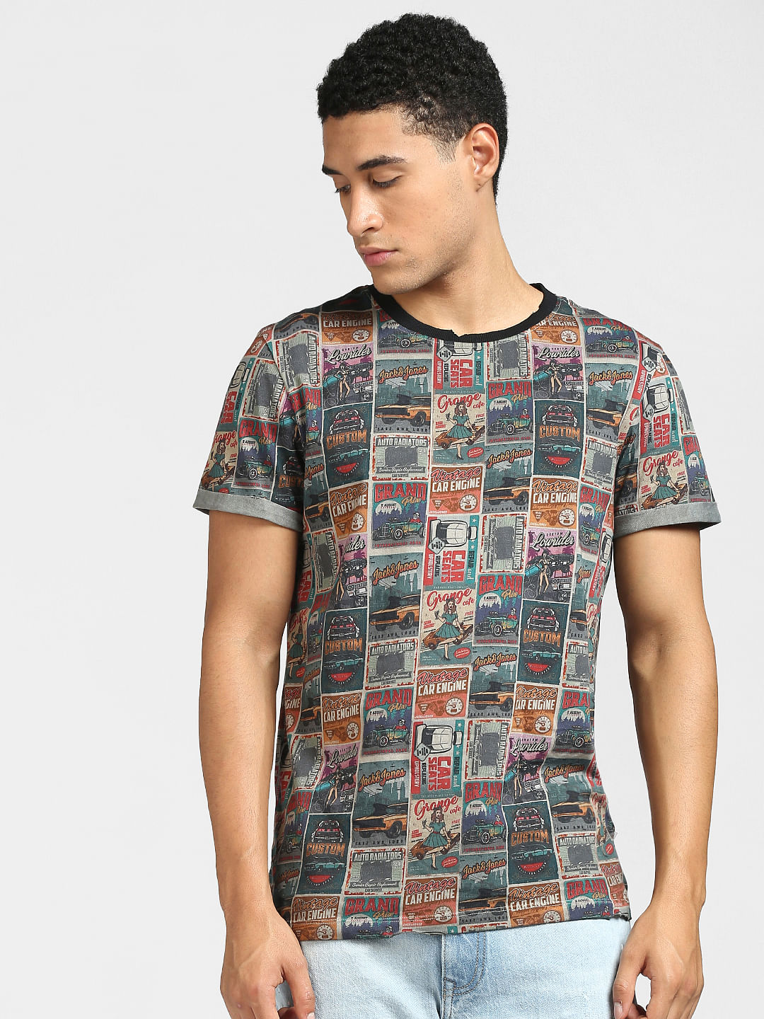 Grey Retro Garage Printed Crew Neck T-shirt - S