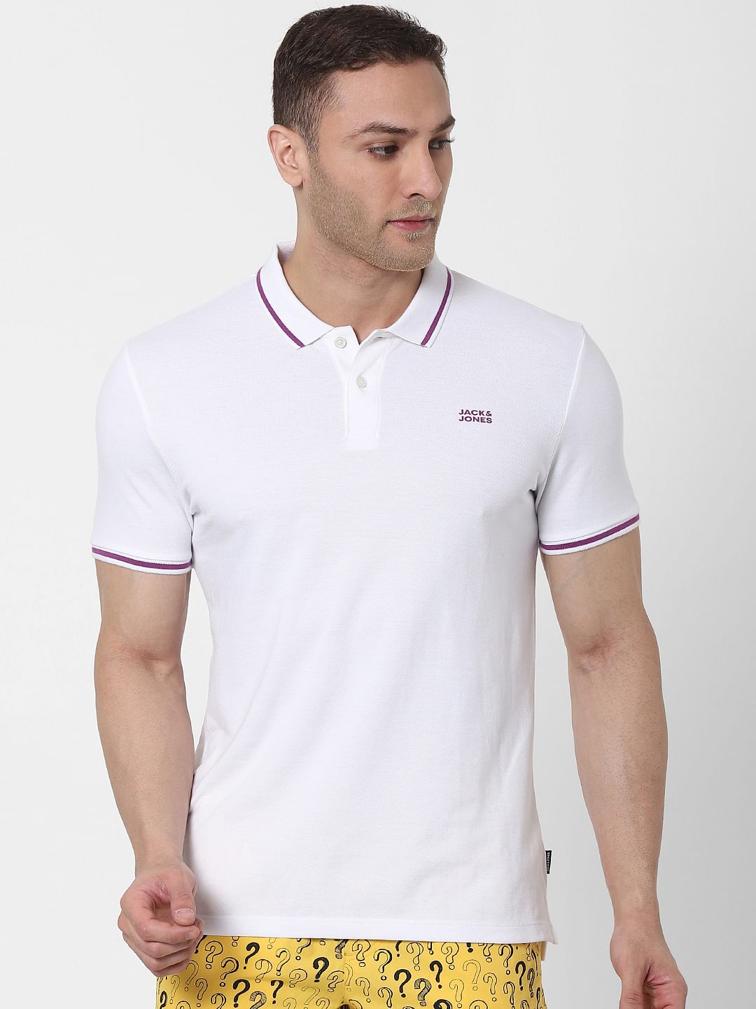 White Contrast Tipping Polo Neck T-shirt
