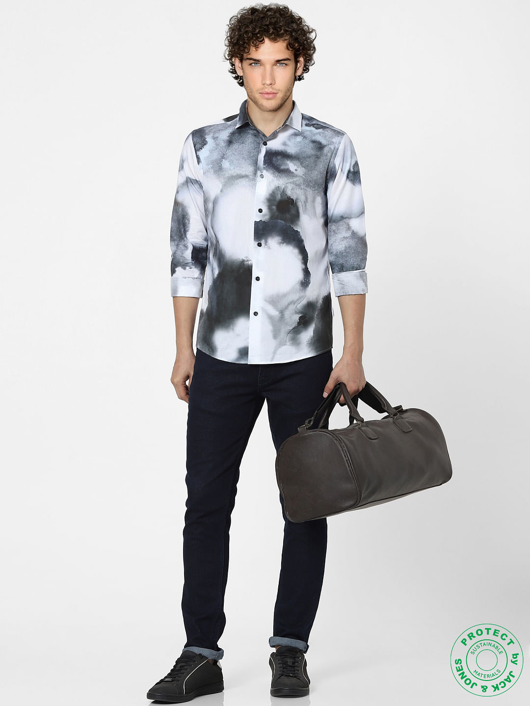 White Abstract Print Full Sleeves Shirt - S