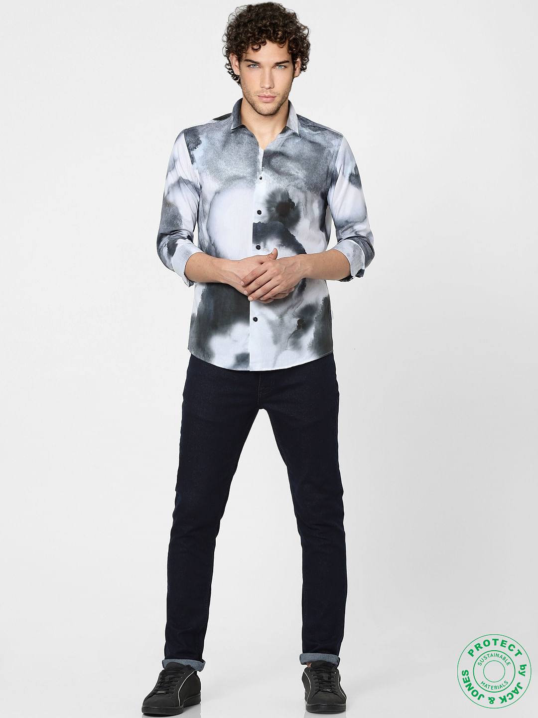 White Abstract Print Full Sleeves Shirt