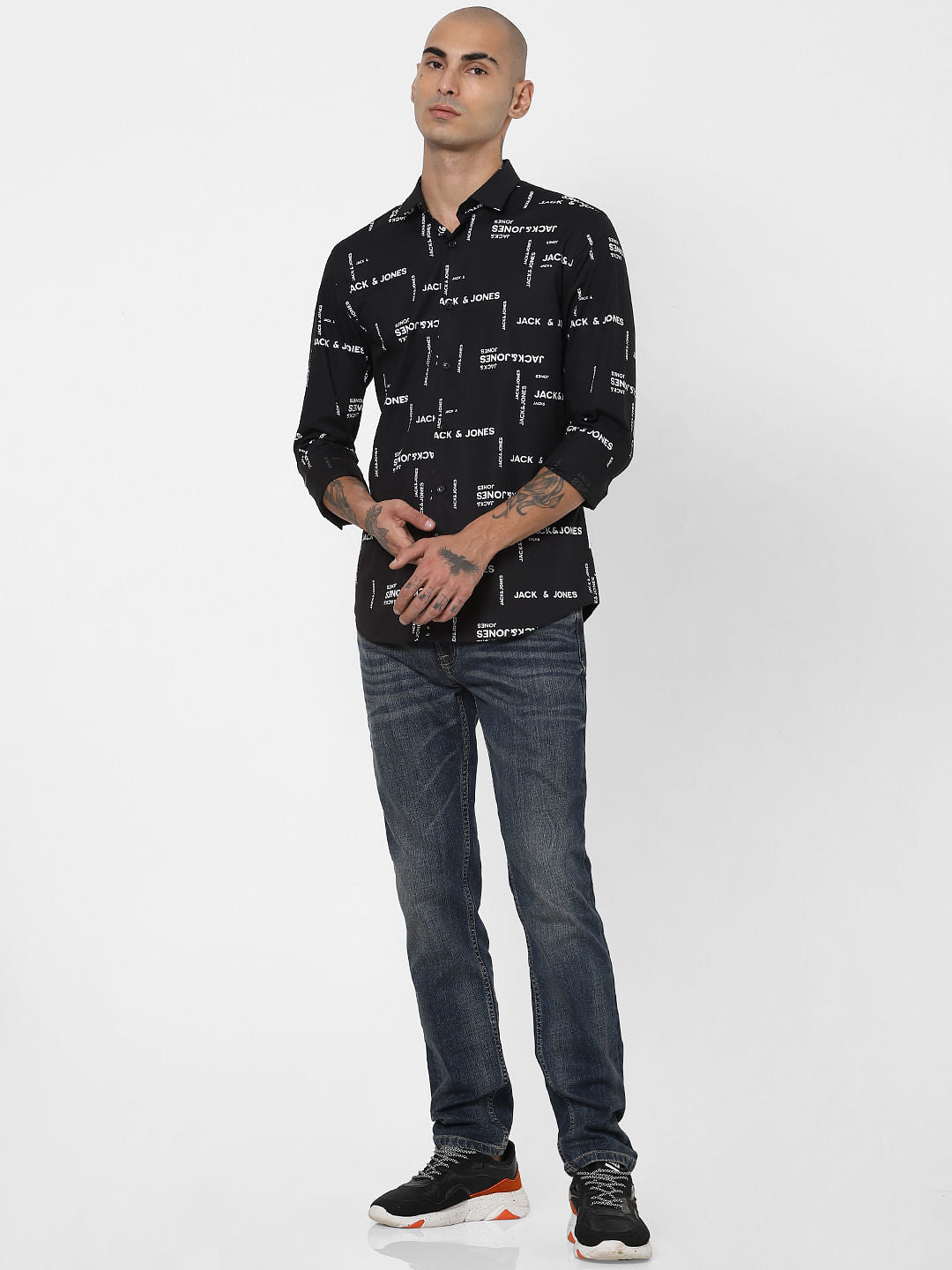 Black All Over Logo Print Full Sleeves Shirt