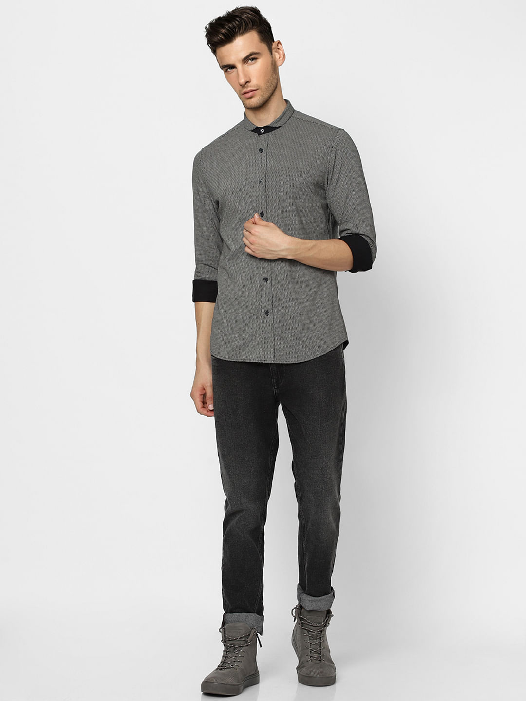 Black Full Sleeves Henley Shirt - S