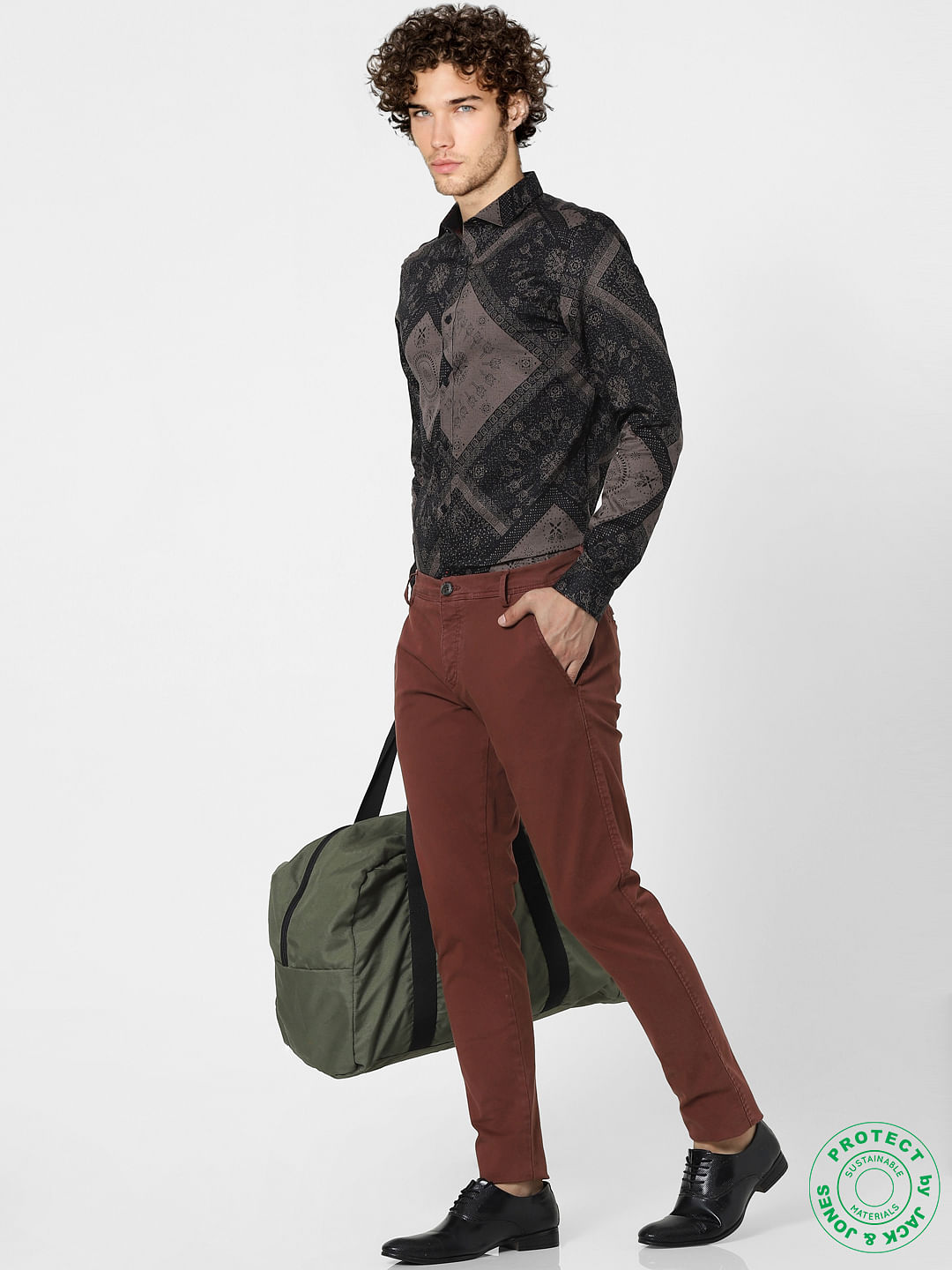 Coffee Brown Printed Full Sleeves Shirt - S