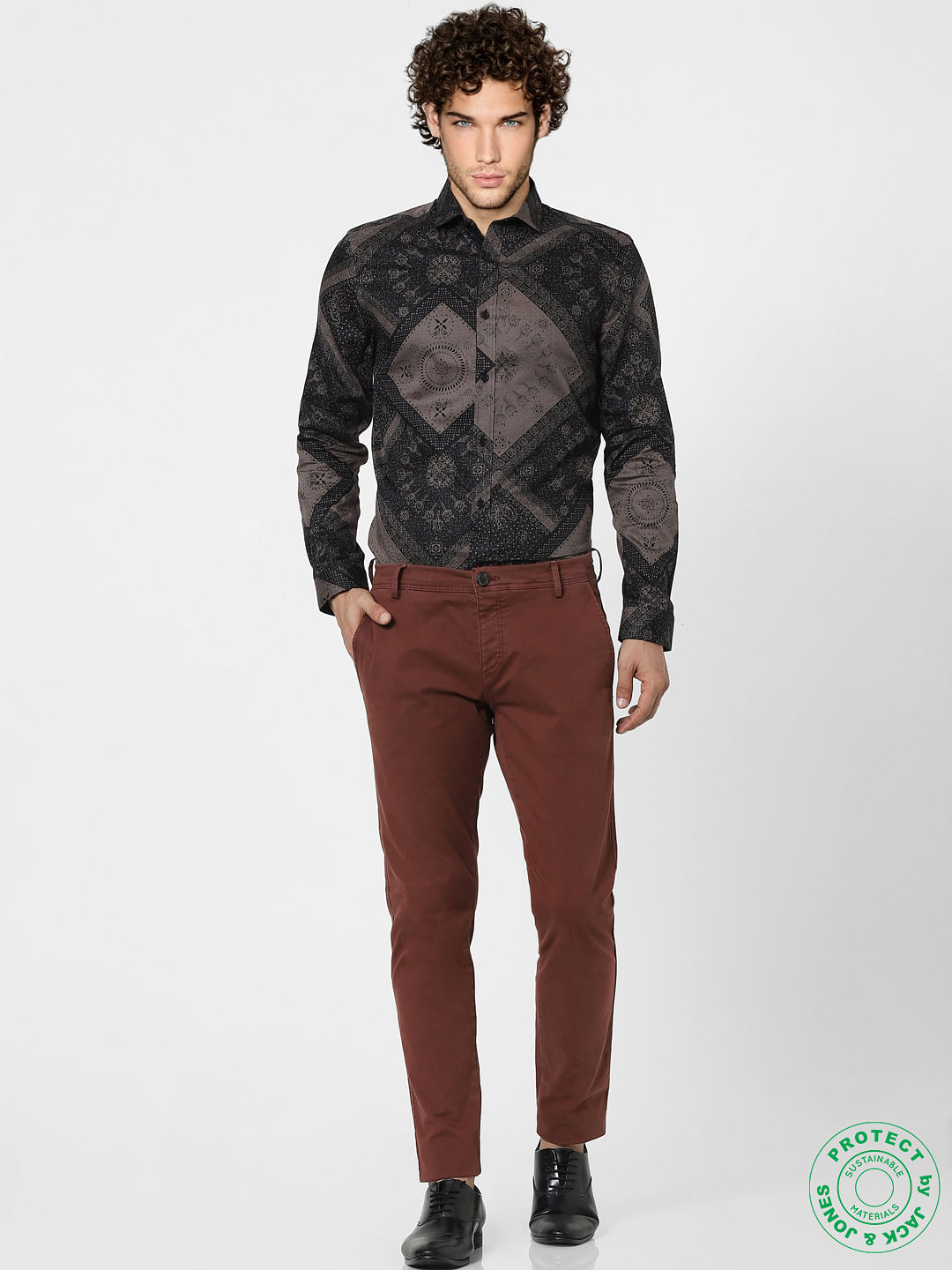 Coffee Brown Printed Full Sleeves Shirt