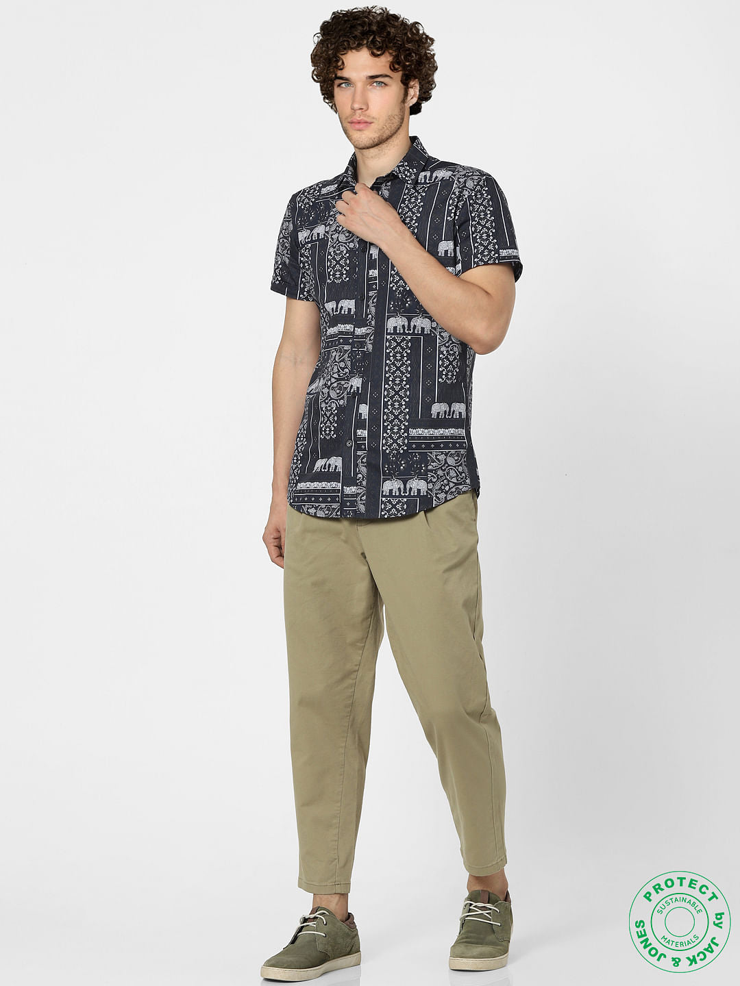 Blue Printed Short Sleeves Shirt - S