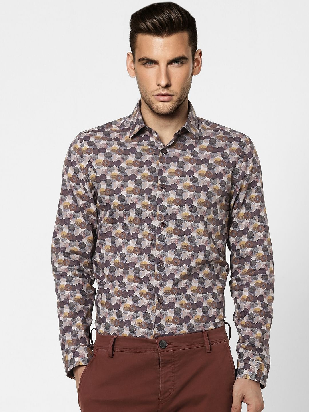Brown Printed Full Sleeves Shirt