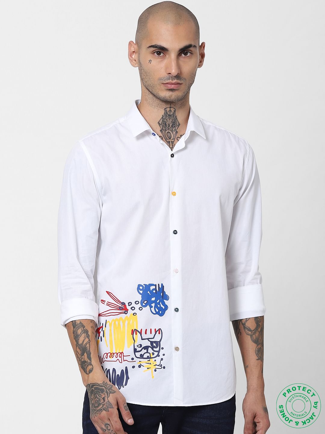 White Graphic Print Full Sleeves Shirt