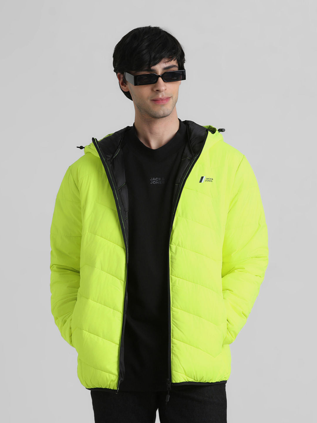 Neon Yellow Hooded Puffer Jacket - S