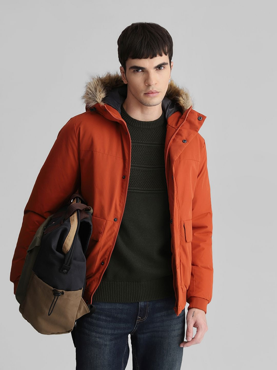 Rust Brown Faux Fur Hooded Jacket - S