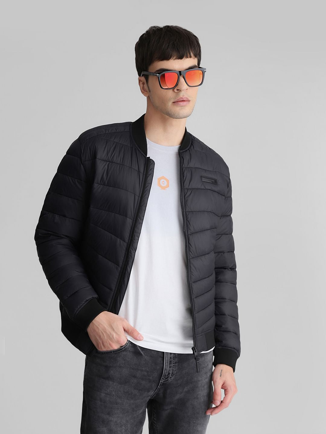 Black Quilted Bomber Jacket - S