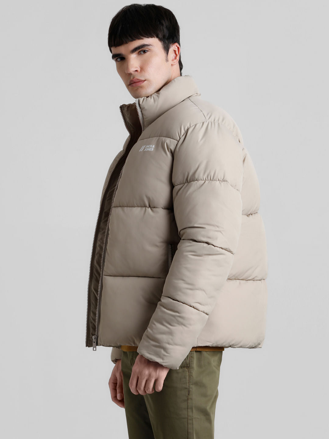 Beige High Neck Puffer Jacket