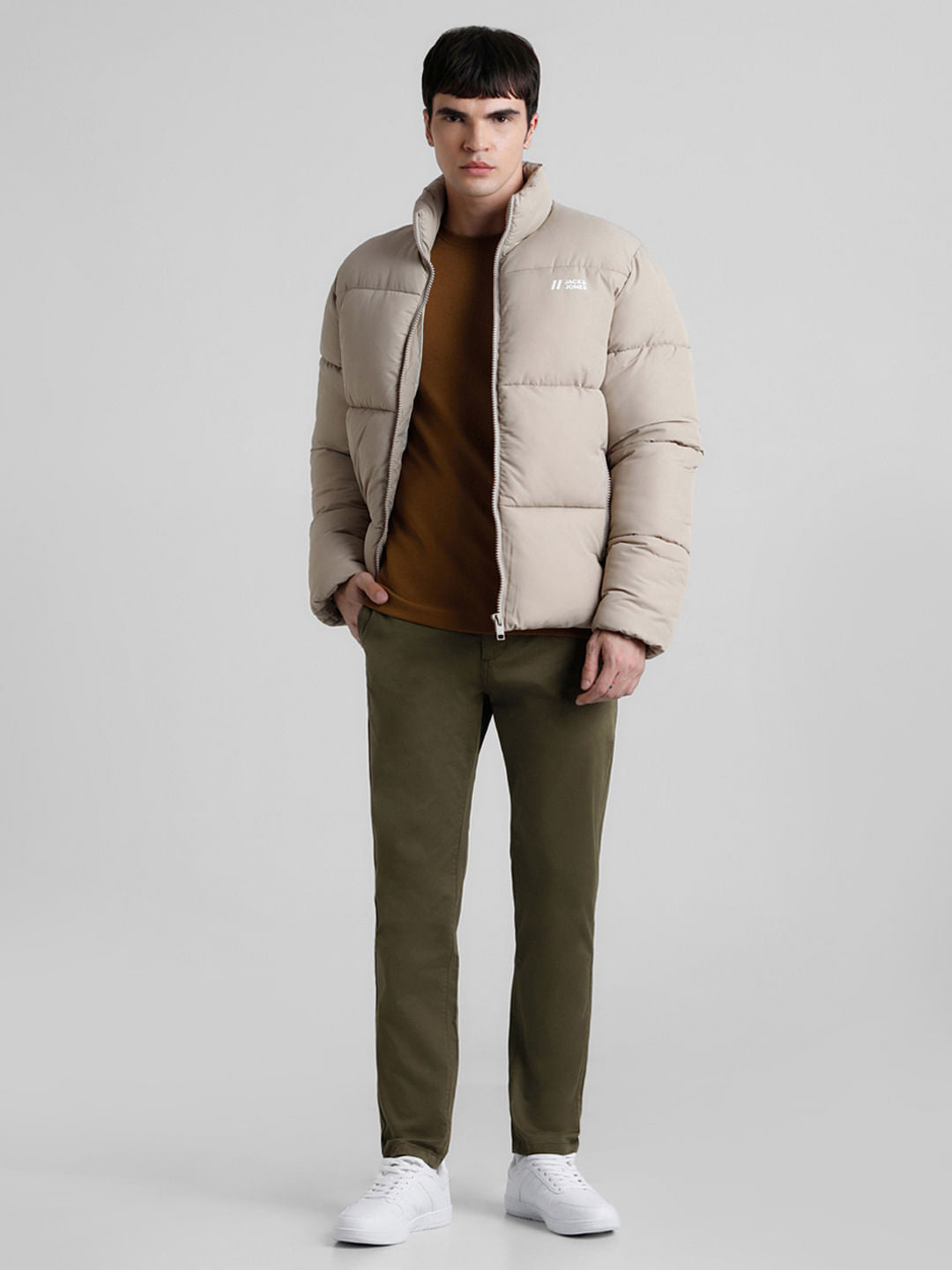 Beige High Neck Puffer Jacket
